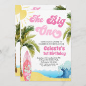 Invitation Modern Pink Girls Surf Wave Big One 1st Birthday (Devant / Derrière)