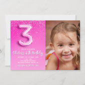 Invitation Modern Pink Glitter Balloon 3rd Birthday Photo (Devant)