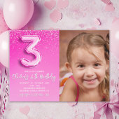 Invitation Modern Pink Glitter Balloon 3rd Birthday Photo