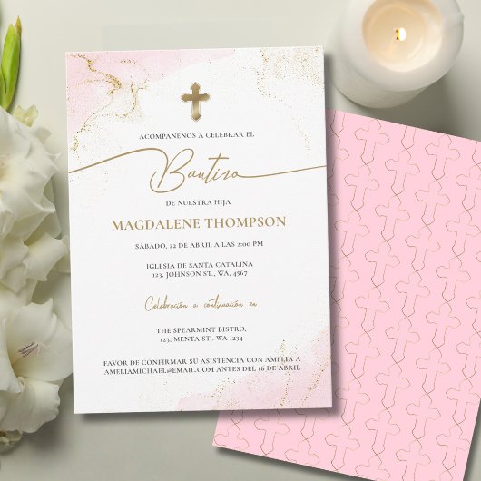Invitation Modern Pink Gold Cross Girl Baptism Bautizo