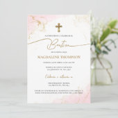 Invitation Modern Pink Gold Cross Girl Baptism Bautizo (Debout devant)