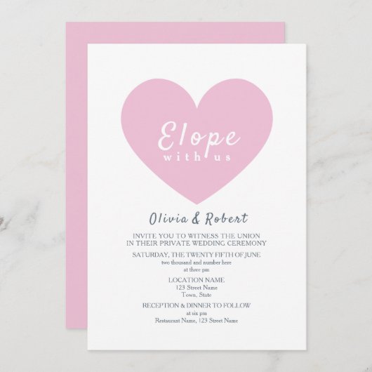 Invitation Modern Pink Heart Elopement Wedding (Devant / Derrière)