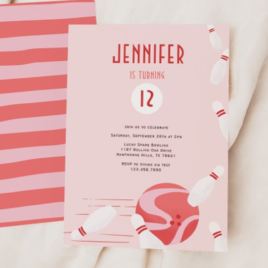 Invitation Modern Pink Kids Bowling Birthday Party