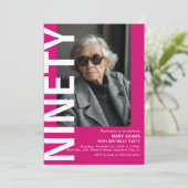 Invitation Modern Pink NINETY Photo 90th Birthday Party (Debout devant)