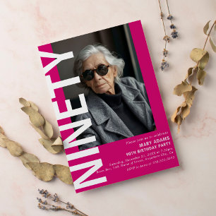 Invitation Modern Pink NINETY Photo 90th Birthday Party