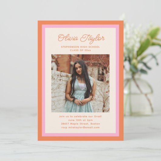 Invitation Modern Pink Orange Border Photo Graduation Party (Debout devant)