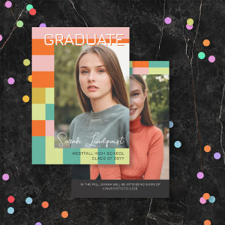 Invitation Modern Pink Orange Color Blocks Photo Graduation