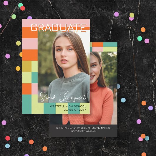 Invitation Modern Pink Orange Color Blocks Photo Graduation