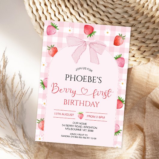Invitation Modern Pink Plaid Arch Berry First Birthday