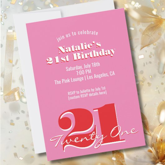 Invitation Modern Pink Red Minimalist 21st Birthday