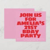 Invitation Modern Pink Red Photo Playful Bold Birthday 21st (Devant / Derrière)