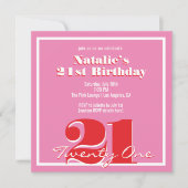 Invitation Modern Pink Red Retro 21st Birthday Square (Devant)