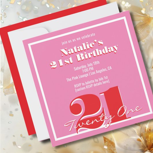 Invitation Modern Pink Red Retro 21st Birthday Square