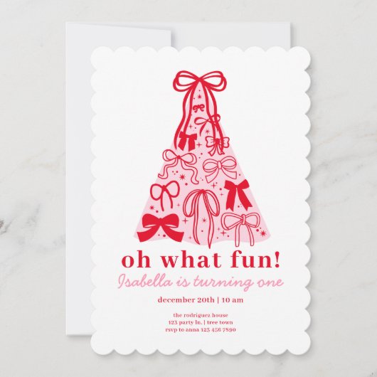 Invitation Modern Pink Red Tree Bow First Birthday (Devant)
