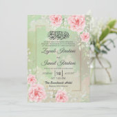 Invitation Modern Pink Roses, Gold Islamic Muslim Wedding (Debout devant)