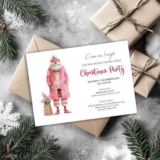 Invitation Modern Pink Santa Funny Christmas Party Template