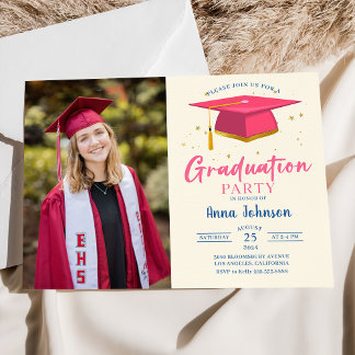 Invitation Modern Pink Script Photo Graduation Party