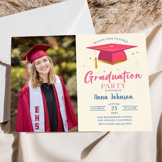Invitation Modern Pink Script Photo Graduation Party