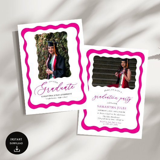Invitation Modern Pink Script Photo Graduation Party