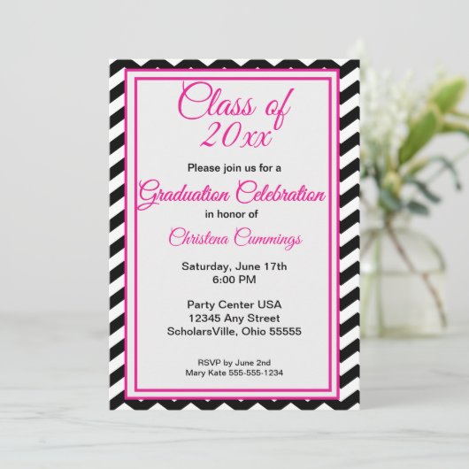 Invitation Modern Pink Script with Chevron Border Graduation (Debout devant)