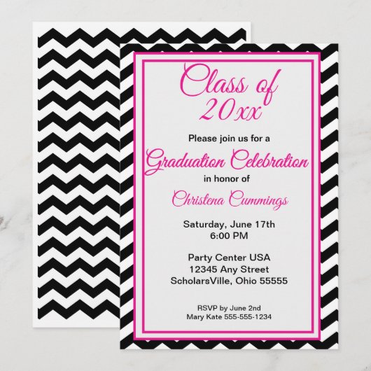 Invitation Modern Pink Script with Chevron Border Graduation (Devant / Derrière)