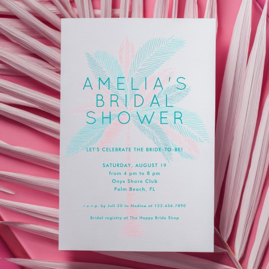 Invitation Modern Pink Turquoise Palm Tree Bridal Shower