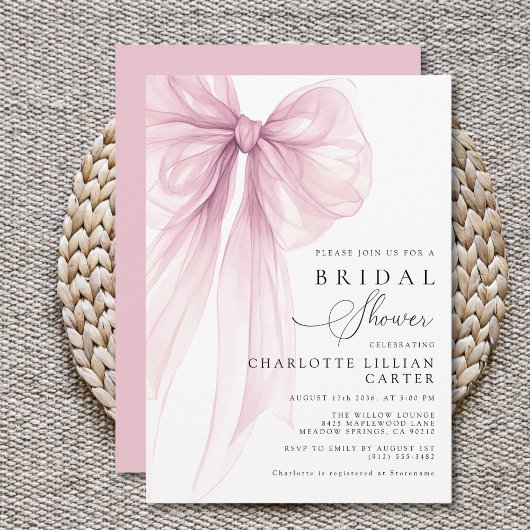 Invitation Modern Pink Watercolor Bow Bridal Shower