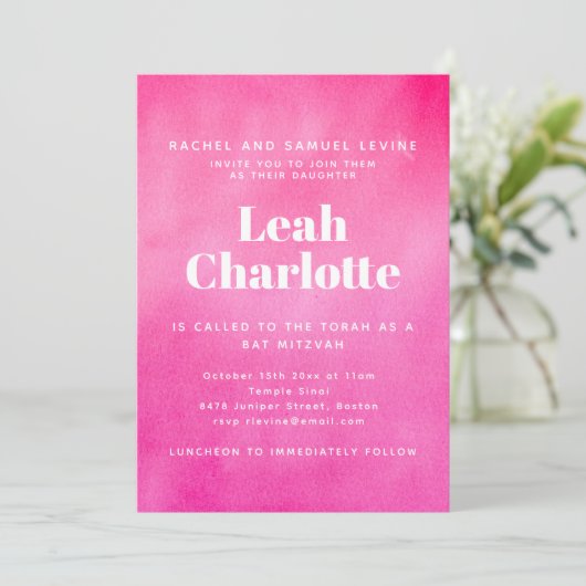 Invitation Modern Pink Watercolor Trendy Bat Mitzvah (Debout devant)