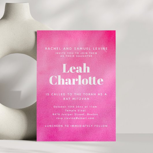 Invitation Modern Pink Watercolor Trendy Bat Mitzvah