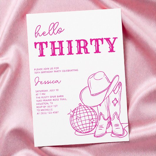 Invitation Modern Pink Western Disco 30th Birthday Party