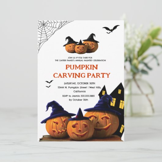 Invitation Modern Pumpkin Carving Adult Halloween Party  (Debout devant)
