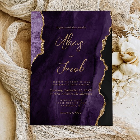 Invitation Modern Purple Agate Chic Script Wedding