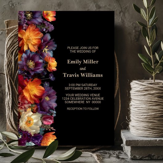 Invitation Modern Purple and Orange Floral Black Wedding