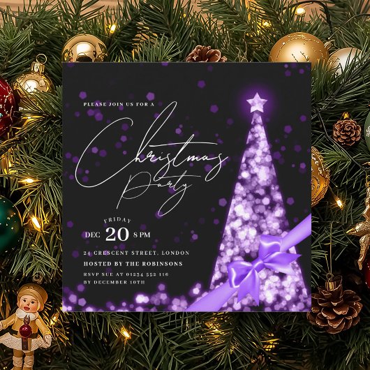 Invitation MODERN Purple Winter Christmas Tree Bow Party