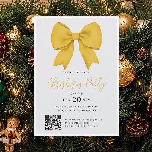 Invitation Modern QR Gold Holiday Bow Christmas Party