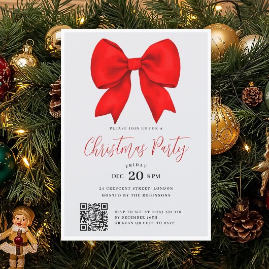 Invitation Modern QR Red Holiday Bow Christmas Party