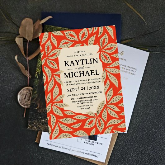 Invitation Modern Red Botanical Elegant Leaf