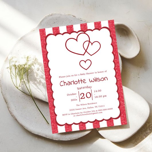 Invitation Modern Red Chalk Stripes Vertical Baby Shower
