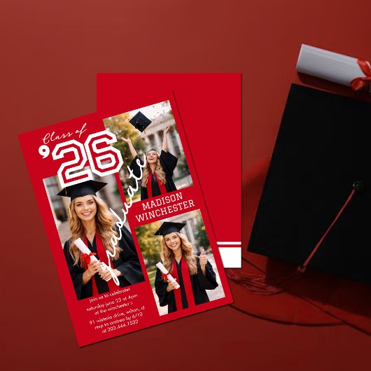 Invitation Modern Red Class of 2026 3-Photo Graduation Invite