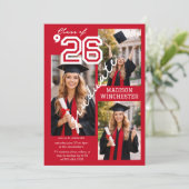 Invitation Modern Red Class of 2026 3-Photo Graduation Invite (Debout devant)