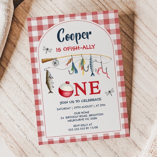 Invitation Modern Red Gingham Ofishally One 1st Birthday