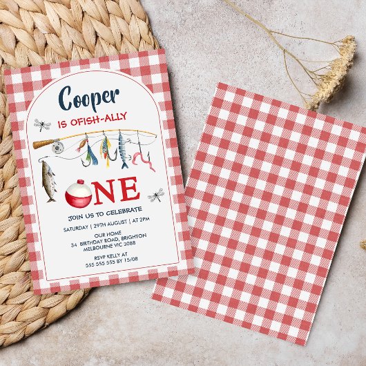 Invitation Modern Red Gingham Ofishally One 1st Birthday