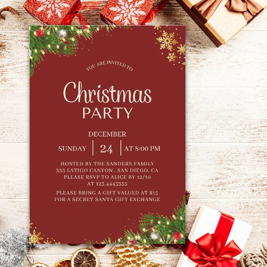 Invitation Modern Red & Gold Christmas Party Invite