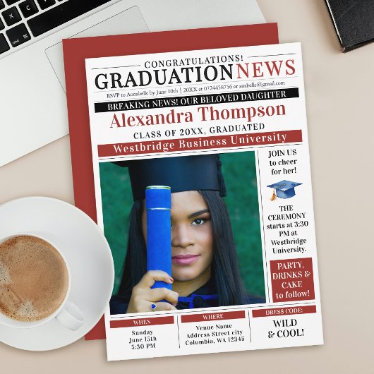 Invitation Modern Red GraduaTe Newspaper Front Page College