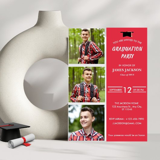 Invitation Modern Red Photo Collage 2024 Graduation Party