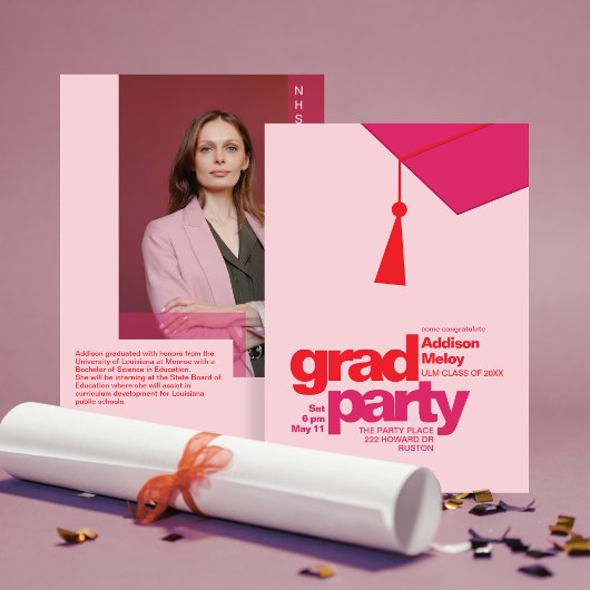 Invitation Modern Red & Pink Typography Grad Party Photo