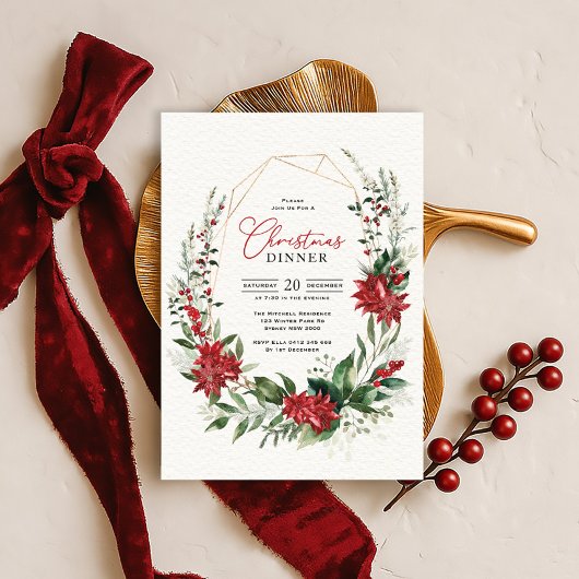 Invitation Modern Red Poinsettia Greenery Christmas Dinner