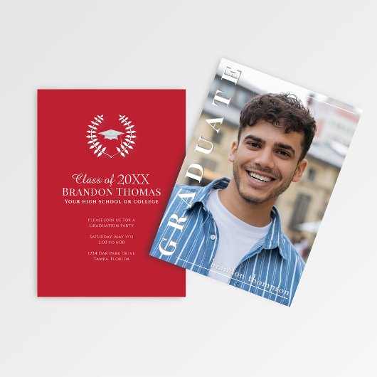 Invitation Modern Red Vertical Name Graduation Photo Card