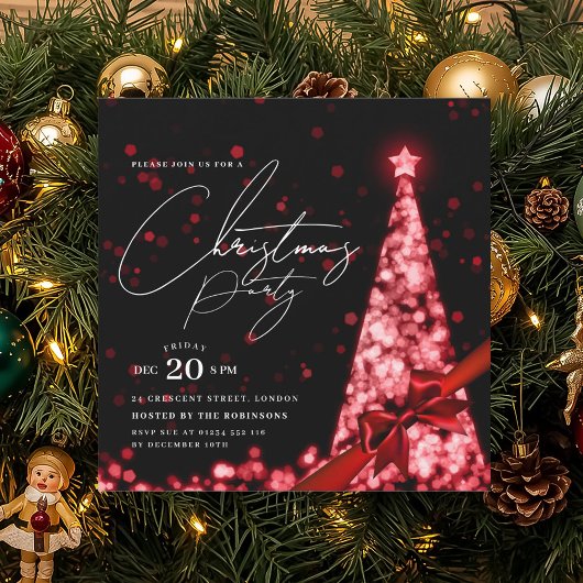 Invitation MODERN Red Winter Christmas Tree Bow Party