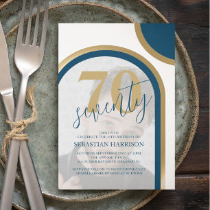Invitation Modern Retro Blue And Gold Photo Birthday